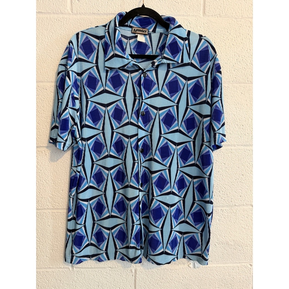 YMLA Men's Geometric Abstract Print Button Front Shirt Blue Retro Y2K Size Large